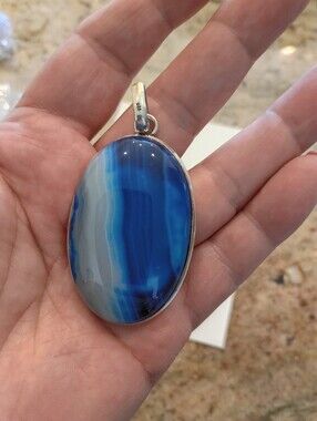 Huge Real  Blue Agate Stone Pendant Gorgeous Patterns!